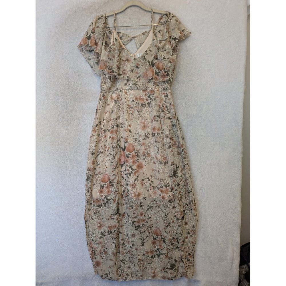 Enfocus Studio Maxi Dress Women's 14 Beige Floral Ruffle Cold Shoulder